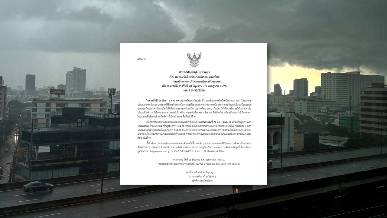 กรมอุตุฯ ออกประกาศฉบับที่ 5 เตือนฝนตกหนักมาก เสี่ยงน้ำท่วมฉับพลันและคลื่นลมแรง