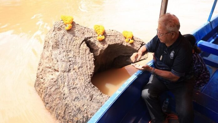 แม่น้ำน่านลดระดับ เผยตอต้นตะเคียนยักษ์อายุนับพันปีโผล่กลางน้ำ ชาวบ้านแห่ขอโชคลาภ