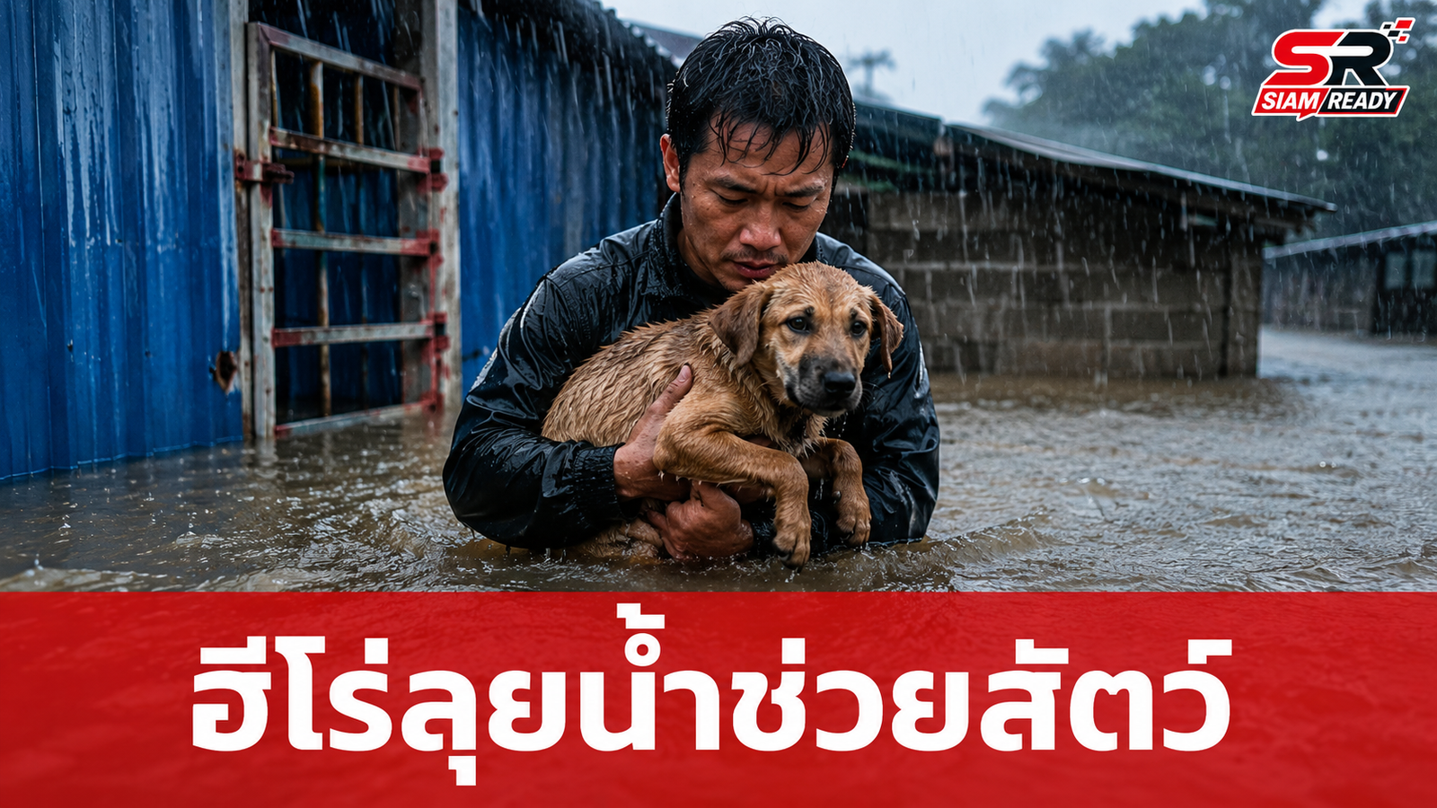 ชาวเน็ตชื่นชม นายโม่ เจ้าของศูนย์พักพิงสัตว์ ลุยน้ำท่วมช่วยหมา-แมวหนีตายในกว่างซี