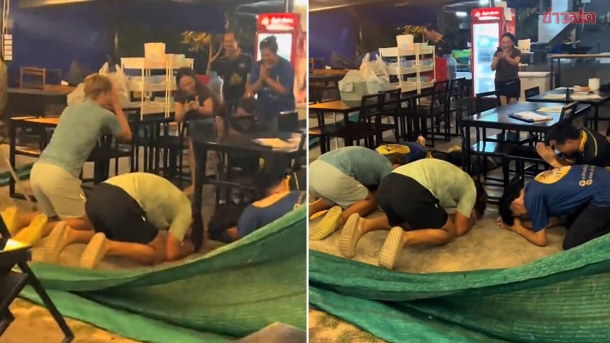 ประทับใจไม่รู้ลืม! 2 หนุ่มต่างชาติก้มกราบลาพนักงานร้านอาหารก่อนบินกลับประเทศ