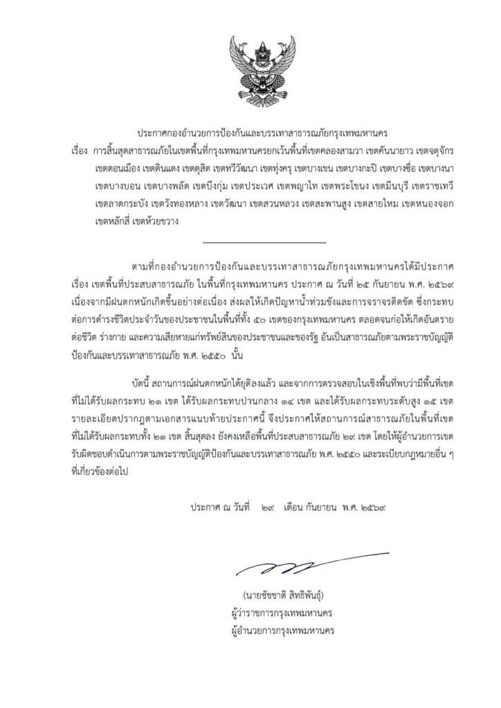 กทม. อัปเดตสถานการณ์ภัยพิบัติ ล่าสุดประกาศปรับลดพื้นที่ประสบภัยเหลือ 29 เขต