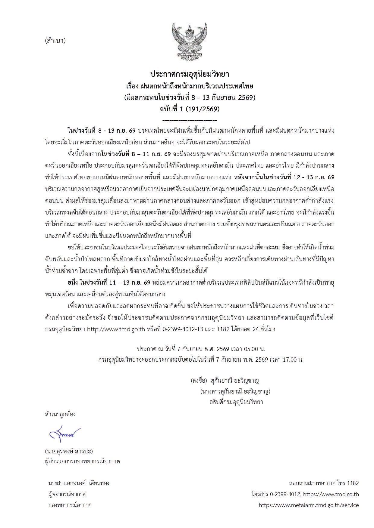 กรมอุตุฯ ออกประกาศฉบับที่ 1 เตือนภัยฝนตกหนักถึงหนักมากทั่วไทย 8-13 ก.ย. นี้