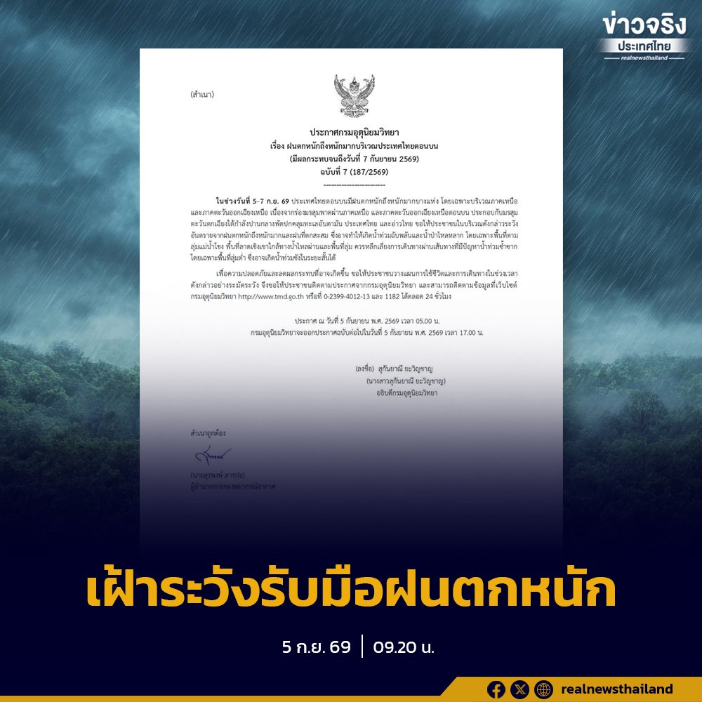 กรมอุตุฯ ออกประกาศเตือนภัย 5-7 ก.ย. 69 ไทยตอนบนรับมือฝนตกหนักถึงหนักมาก