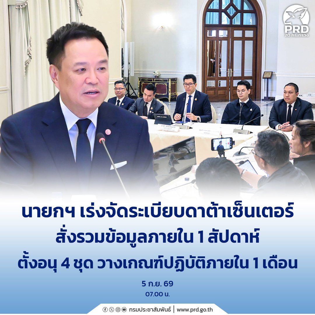 นายกฯ สั่งจัดระเบียบดาต้าเซ็นเตอร์ เร่งรวมข้อมูลใน 1 สัปดาห์ ตั้งอนุฯ 4 ชุดวางเกณฑ์ใน 1 เดือน