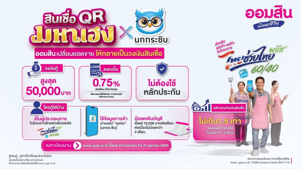 ออมสินเปิดตัวสินเชื่อ 'ออมสิน QR มหาเฮง x นกกระซิบ' หนุนพ่อค้าแม่ค้ารายย่อย