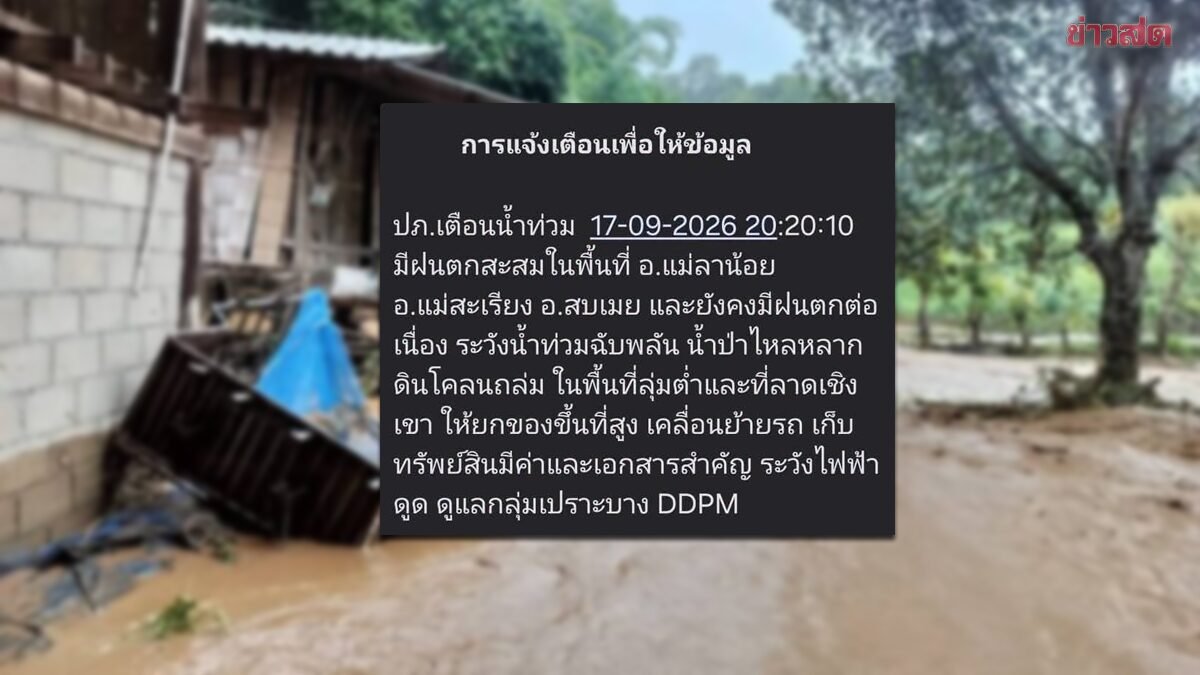 ปภ. ประกาศเตือนภัย 3 อำเภอในแม่ฮ่องสอน รับมือน้ำท่วมฉับพลันและดินโคลนถล่ม