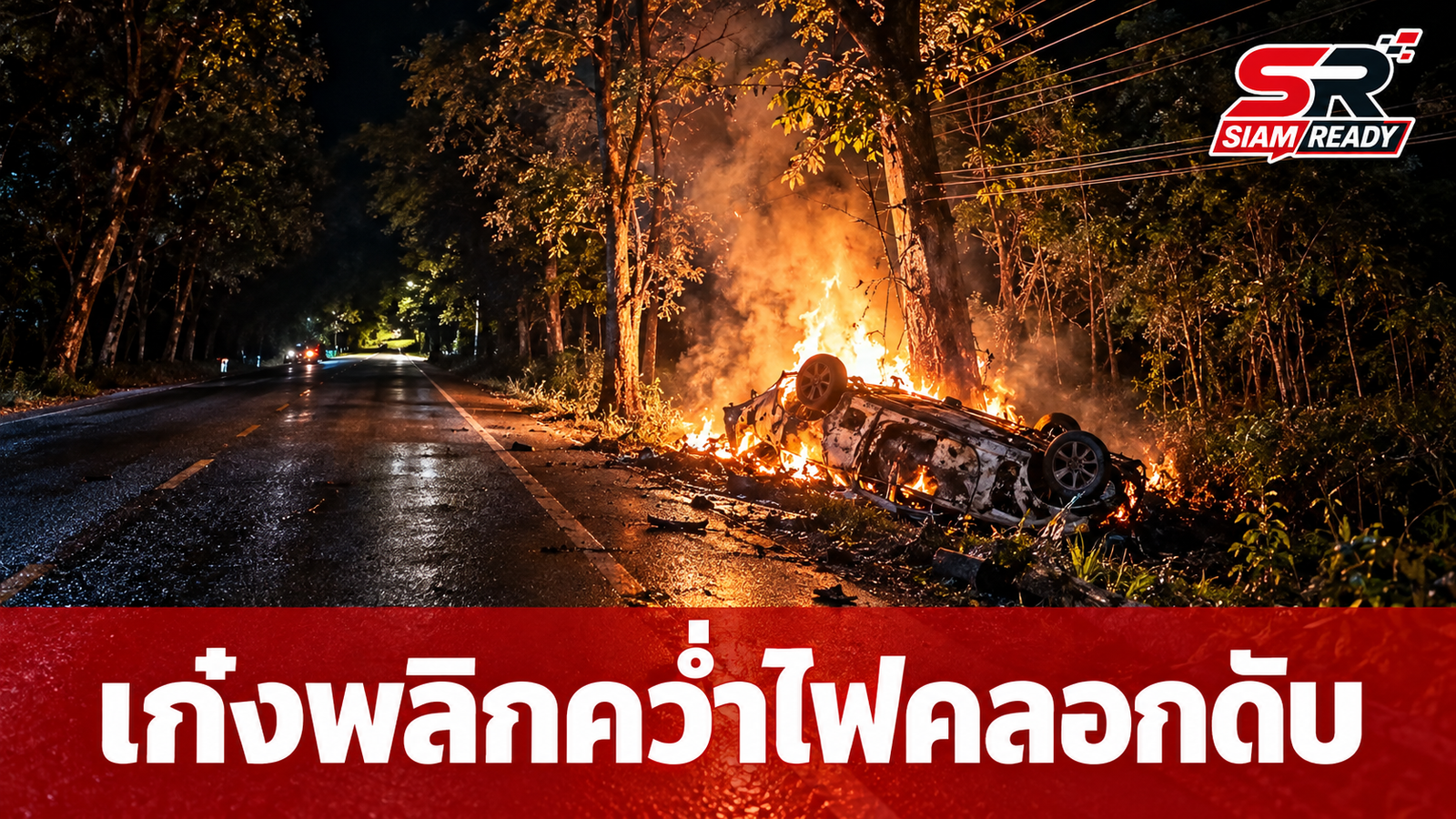 เก๋งเสียหลักพลิกคว่ำไฟลุกท่วม ถนนชุมพวง-พิมาย คนขับดับคาซาก